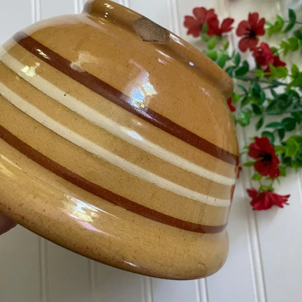 Antique 1930s Yellowware Stoneware Nesting Mixing Bowl White Brown Stripe Set x4